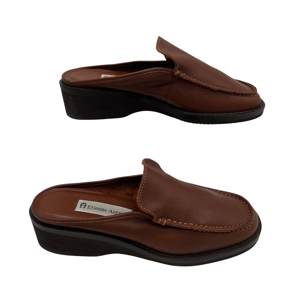 Etienne Aigner McPherson Loafers Mules 7M Brown Leather Wedge Slides VTG 90s Y2K